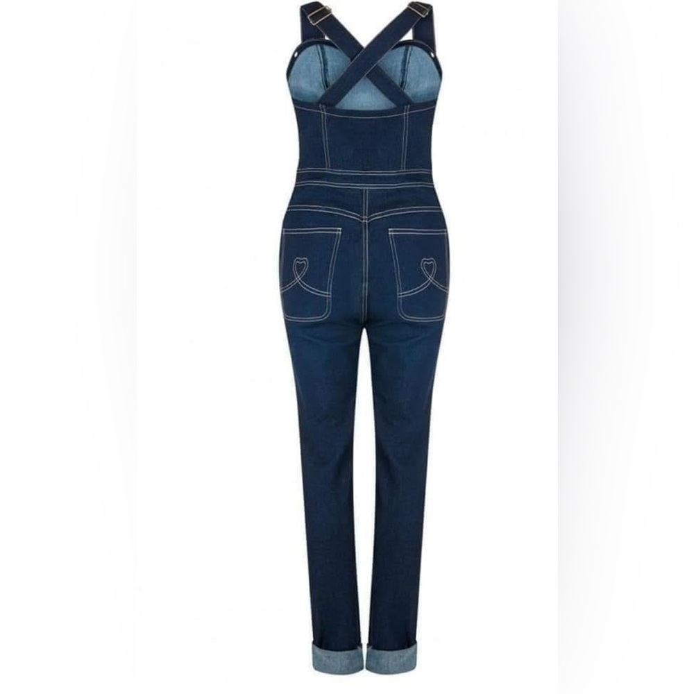Collectif Dark Blue Denim Fitted Jeans Overalls - Picture 3 of 9